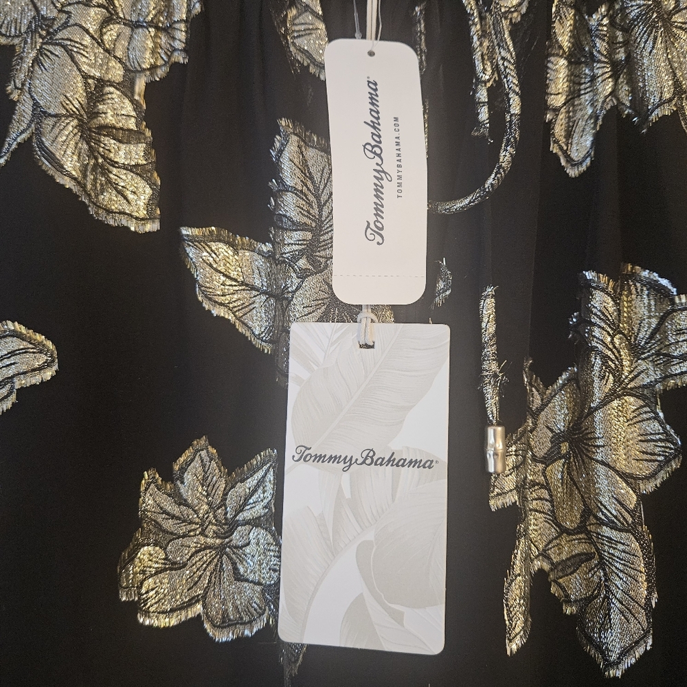 Tommy Bahama Shimmering Shores Longs Sleeve Tiered Dress: Black & Gold Metallic - Picture 9 of 14